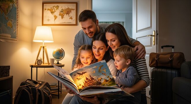 Family reading glowing magical storybook together at home.