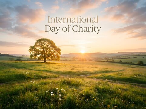 International day of charity text over a beautiful scenic landscape with a golden tree