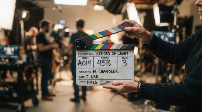 Close-up of a woman holding a movie production clapperboard before a scene