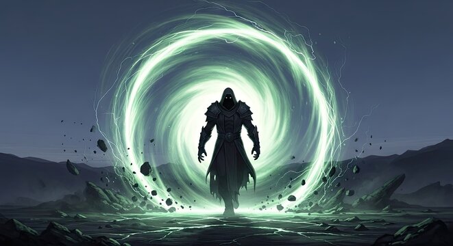 Mysterious figure standing before a glowing magic energy portal.