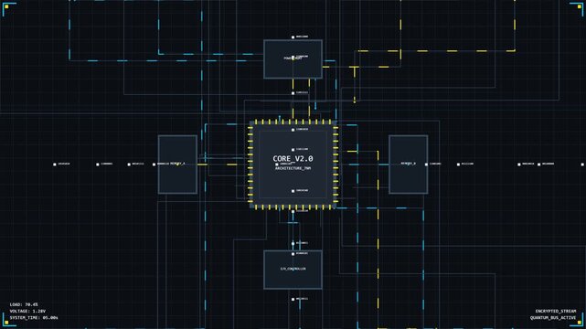 Futuristic Microchip Processor Circuitry HUD Interface Animation