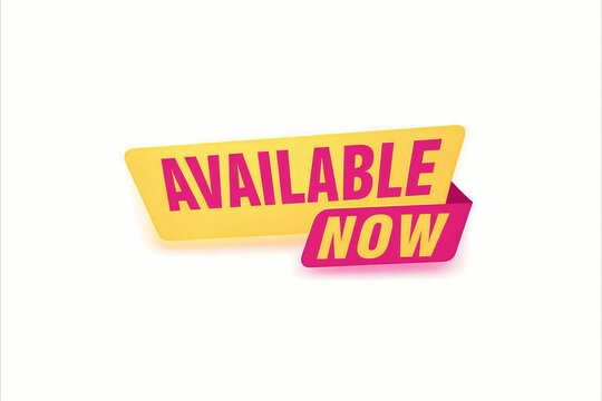 Bright yellow available now banner with bold pink text