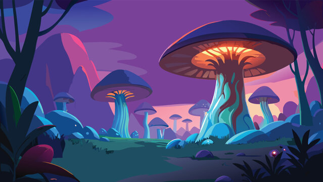 Glowing alien mushrooms in a surreal forest with purple twilight sky vector illustration