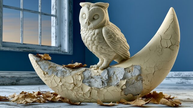 Ceramic owl figurine on cracked crescent moon with autumn leaves