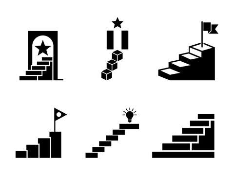Set of business growth and success icon vector design featuring stairs and achievement symbols for professional projects