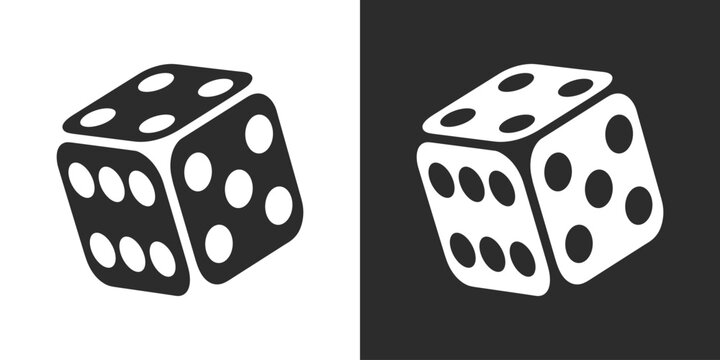 Dice on Contrasting Backgrounds: A pair of six-sided dice, one in black and the other in white, are displayed against opposing black and white backgrounds, symbolizing chance and gaming.