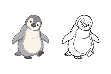 Fototapeta premium Cute Baby Penguin Character Set with Color and Outline Illustration