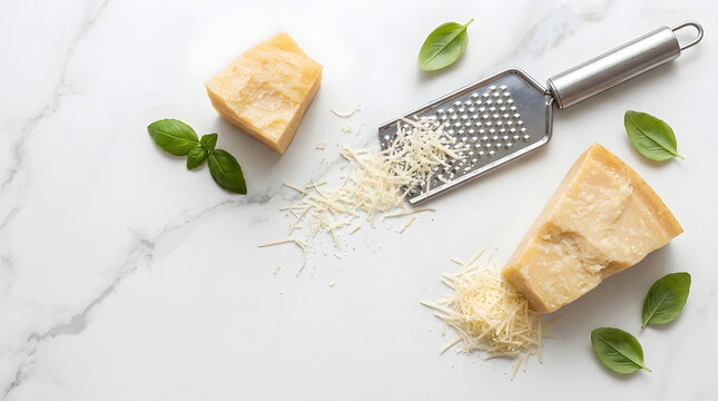 Parmesan Cheese Wedges with Metal Grater and Fresh Basil | Grated Parmigiano Reggiano | White Marble Flat Lay