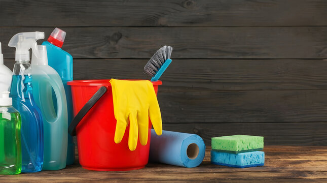 House Cleaning Supplies and Red Bucket on Wooden Surface | Detergent Spray Bottle and Rubber Gloves | Cleaning Concept
