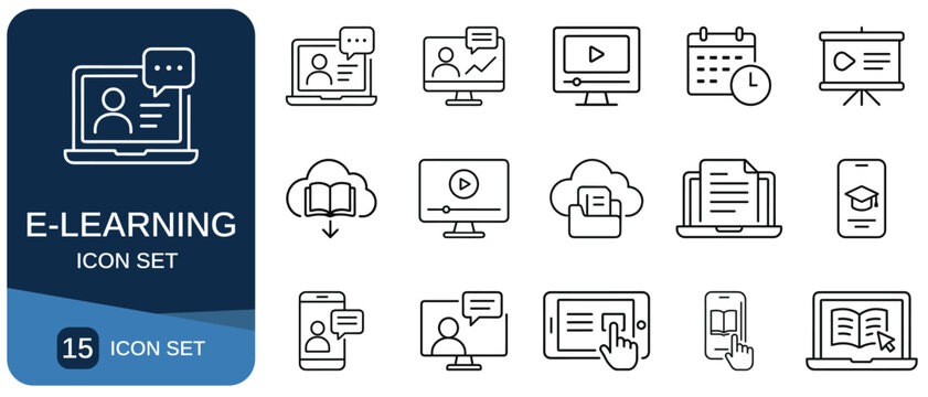 E learning Icon Set Line Style Illustrations Of Digital Education Concepts