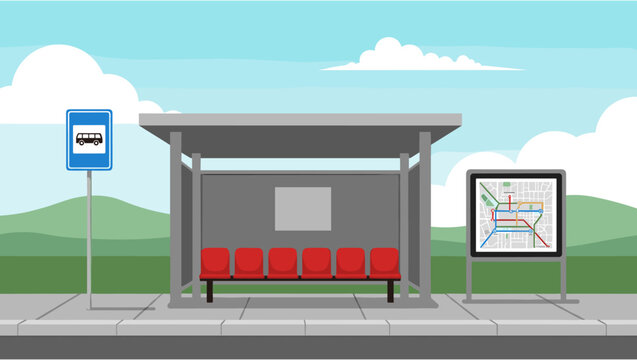 Bus, stop, shelter, cartoon, illustration, vector, station, with, red, seats, map, sign, street, outdoor, public, transport, road, bench, city, sky.
