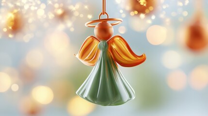Fototapeta premium Close up of delicate orange and green hanging angel decoration with festive lights