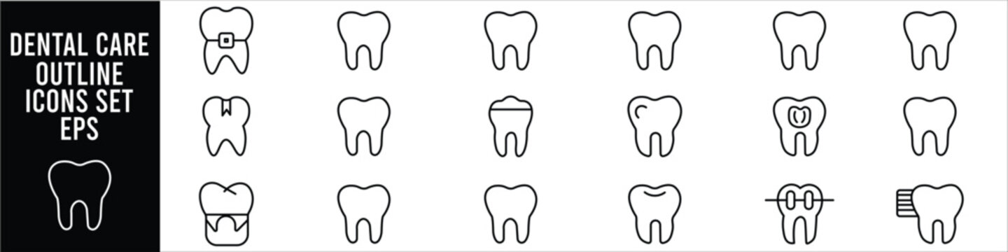 Minimal dental care outline icon set featuring healthy teeth orthodontics cavity filling cleaning protection treatment and oral hygiene symbols for web application design