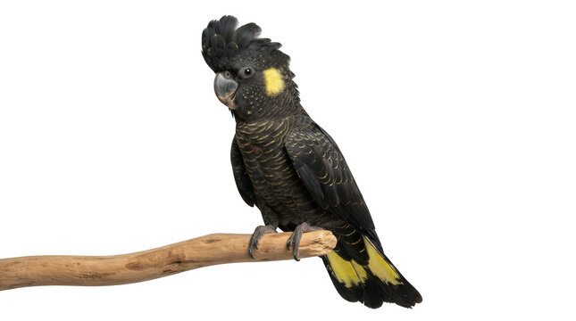 Yellowtailed black cockatoo perched on a branch isolated on transparent background