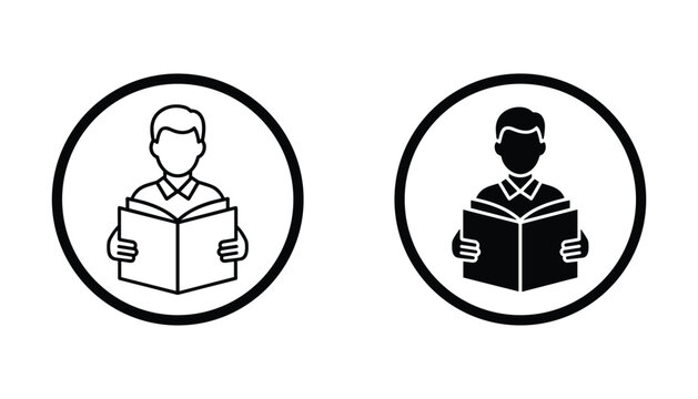 Reading person icon set featuring student or reader with open book for education or learning theme shown in both outline and solid black vector format for school and library apps