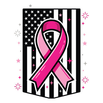 Breast cancer awareness halloween vector featuring a pink ribbon symbol layered over a stylized black and white american flag background design