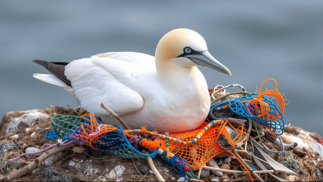 Gannet nesting in a nest of plastic debris