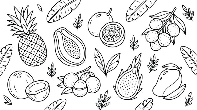Hand drawn exotic tropical fruits pattern with pineapple papaya dragon fruit and mango sketches for healthy food design and summer menu illustration