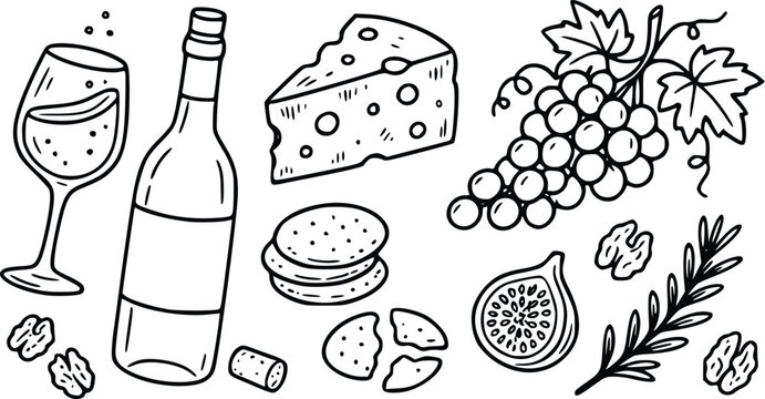 Hand drawn doodle set of wine bottle glass cheese grapes and snacks for a gourmet food and drink party theme illustration in black and white sketch