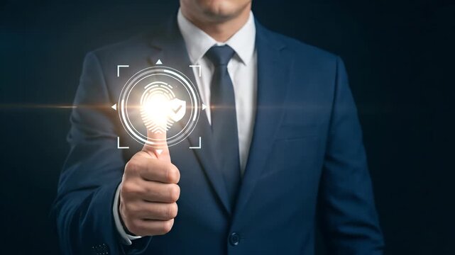 Businessman biometric payment fingerprint security technology suit with digital authentication hand touching virtual scan for finance concept