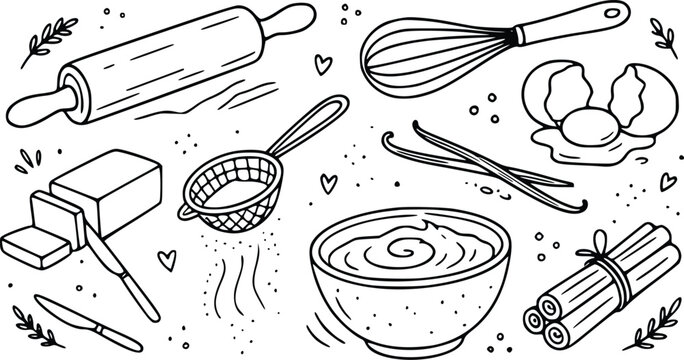 Hand drawn baking ingredients and kitchen tools collection featuring a whisk rolling pin butter eggs vanilla beans and a mixing bowl for cooking