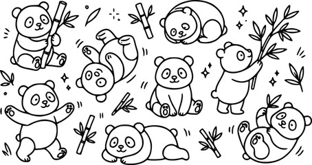Cute panda bear collection with bamboo plants in a simple black and white hand drawn doodle style for kids coloring book and graphic design projects © Arun