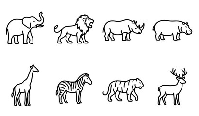 African Wildlife Animal Outline Collection with Elephant, Zebra, Rhinoceros, Giraffe and Deer Icons © MstNadiya