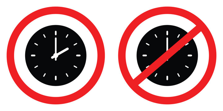 Clock with prohibition sign and allowed clock against white background symbolizing time management and deadlines