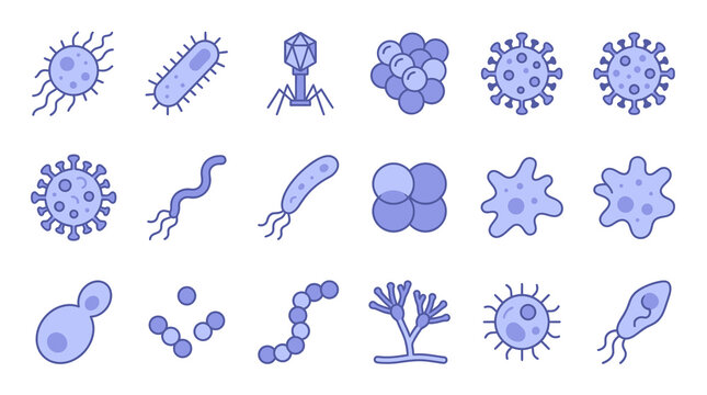 Modern Illustrated Collection of Diverse Microorganisms and Viruses in Simple Blue Line Art Design