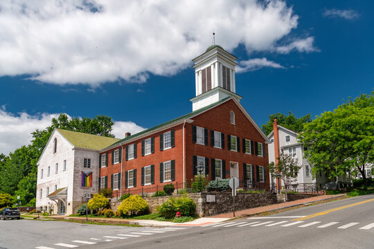 Historic Trinity Episcopal Church With Brick Facade And White Bell Tower In Shepherdstown West Virginia