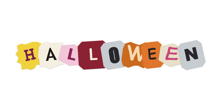 Halloween word written with colorful ransom note paper letters on a flat surface
