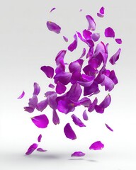 Obraz premium Purple flower petals falling in studio shot on white background with soft shadows for romantic or spa concept