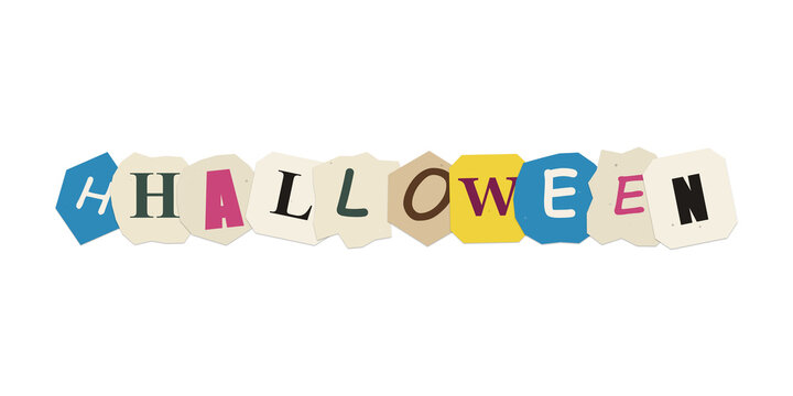 Halloween text made from colorful cut out paper letters in a ransom note style