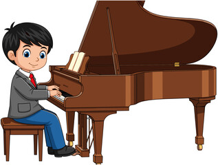 Cute cartoon boy wearing a formal suit playing a grand piano, young musician character performing music on stage, vector illustration.
