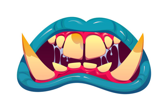 Cartoon Halloween monster mouth vector jaws. Scary monster mouth with turquoise lips, large yellow fangs and drooling saliva between uneven teeth. Fantasy horror, Halloween monster creature