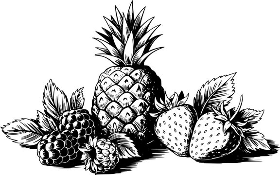 Vintage de una pi&ntilde;a, frambuesas y fresas con hojas