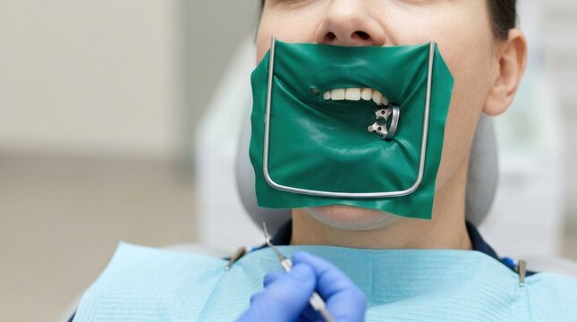 Patient with green rubber dental dam isolation during treatment. Metal clamp attached to tooth for endodontic procedure. Dentist holding instrument