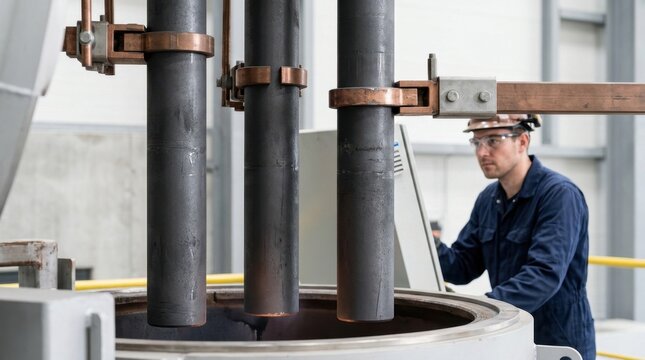 Male worker operating control panel near electric arc furnace. Three large graphite electrodes suspended above melting equipment in modern industrial steel plant