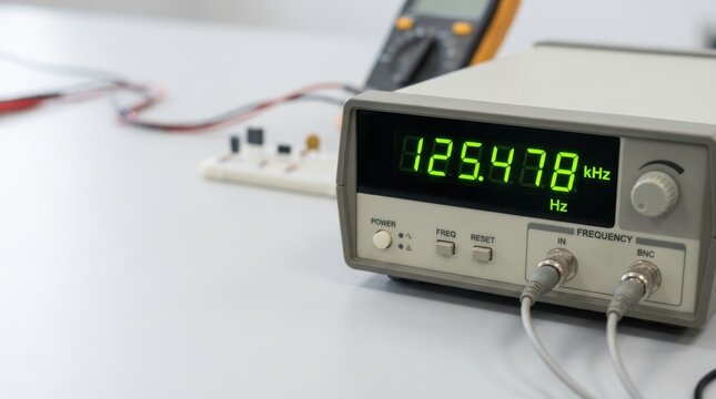 Digital frequency counter displaying kHz on green LED screen. Electronic measurement equipment with connected cables and blurred breadboard in laboratory