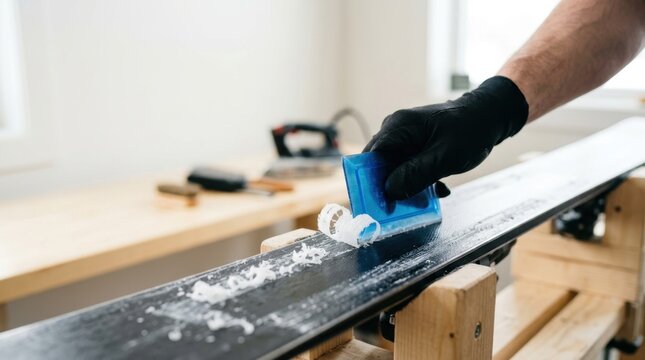 Close up of a gloved hand using a blue plastic scraper to remove excess wax from a ski base. Winter sports equipment maintenance and tuning on a wooden workbench