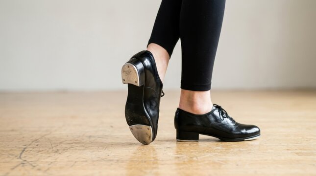 Close up of black leather tap shoes on a wooden floor. Dancer showing metal taps on the sole. Tap dancing practice in a studio