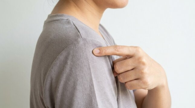 Person pointing to a painful trigger point on their shoulder. Close up of finger pressing on sore muscle. Shoulder pain and physical therapy concept
