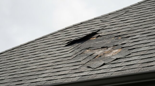 Storm damaged residential roof with missing grey asphalt shingles. Close up of exposed wooden decking and torn roofing materials needing repair