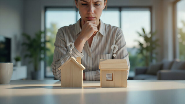 Pensive Woman Choosing Between Two Small Wooden House Models with Question Marks