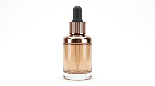 A glass dropper bottle filled with golden cosmetic serum against a clean white background.
