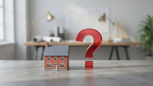 Small House Model and Red Question Mark on Office Desk