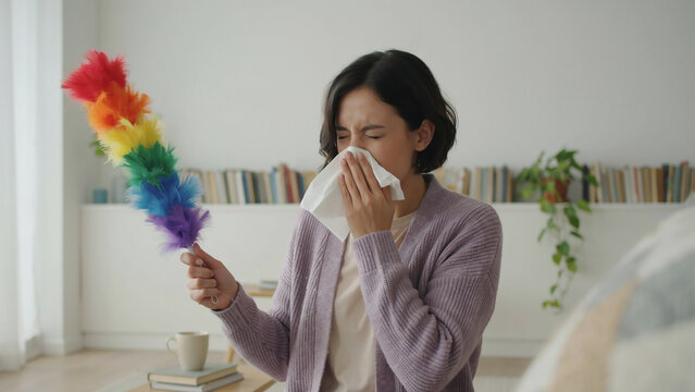 Woman Sneezing from Dust While House Cleaning with Feather Duster