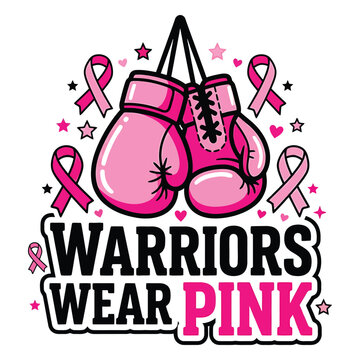 Breast cancer awareness halloween vector design featuring pink boxing gloves and ribbons with the inspirational quote warriors wear pink for shirts