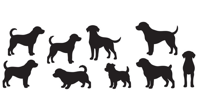 Variety of black silhouette dog breeds standing and sitting in different poses