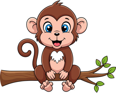 Cute cartoon monkey sitting on a tree branch, happy baby primate character, vector illustration for kids, jungle animal mascot icon.

